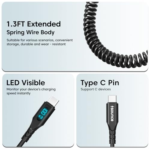 Sounce USB C to USB C 100W Fast Charging Coiled Cable for Car with Smart LED Power Display, Stretchable & Tangle-Free Type C Charger Cord for iPhone 16/15 Pro/Plus/Max & All Type-C Devices - Image 5