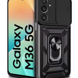 WOW IMAGINE Tough Armor Bumper Mobile Back Case for Samsung Galaxy M36 5G | Galaxy F36 5G Sliding Camera Cover | Shock Proof 360° Protection | Hybrid PC + TPU | Ring Holder with Kickstand – Black