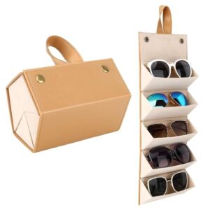 HEMIZA 5-Slot Sunglasses Organizer Case for Travel & Home – Foldable Eyeglass Holder, PU Leather Eyewear Storage Display Box for Men & Women, Portable with Hanging Strap
