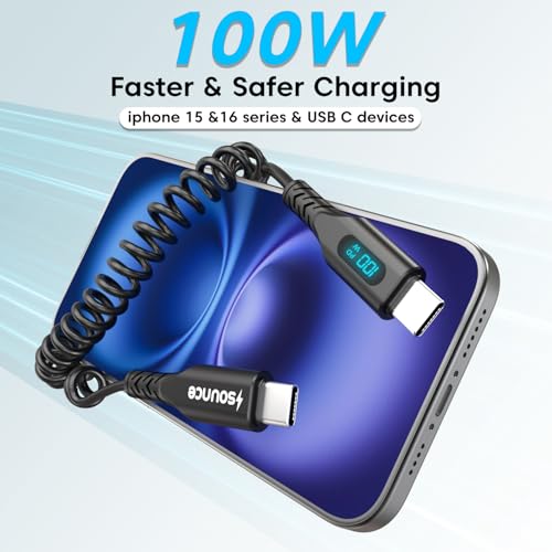Sounce USB C to USB C 100W Fast Charging Coiled Cable for Car with Smart LED Power Display, Stretchable & Tangle-Free Type C Charger Cord for iPhone 16/15 Pro/Plus/Max & All Type-C Devices - Image 3