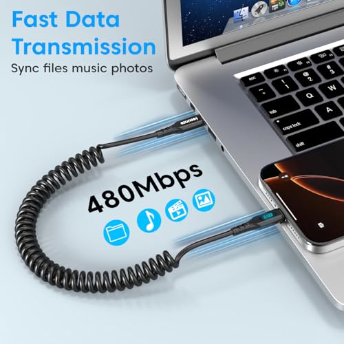 Sounce USB C to USB C 100W Fast Charging Coiled Cable for Car with Smart LED Power Display, Stretchable & Tangle-Free Type C Charger Cord for iPhone 16/15 Pro/Plus/Max & All Type-C Devices - Image 4