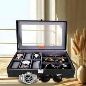 LEDO Unisex Watch Box and Sunglass Case Organizer with 6 Slots for Watches and 3 Slots for Sunglasses in Black & GrayColor