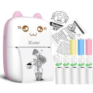 Zeitel® Mini Bluetooth Thermal Printer, Portable Label Printer Inkfree Printer for Android & iOS System, Black on White Thermal Printer with 13 Roll of Print Paper, Stickers, Pink