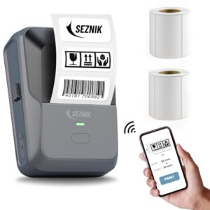 SEZNIK Josh Bluetooth Thermal Label Printer | Inkless Mini Rechargeable | MRP, Barcode, Excel File Printing | Cloud, Mobile, Desktop | Jewellery, Round Labels | Up to 2-inch Print | 1 Year Warranty