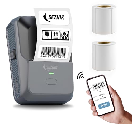 SEZNIK Josh Bluetooth Thermal Label Printer | Inkless Mini Rechargeable | MRP, Barcode, Excel File Printing | Cloud, Mobile, Desktop | Jewellery, Round Labels | Up to 2-inch Print | 1 Year Warranty