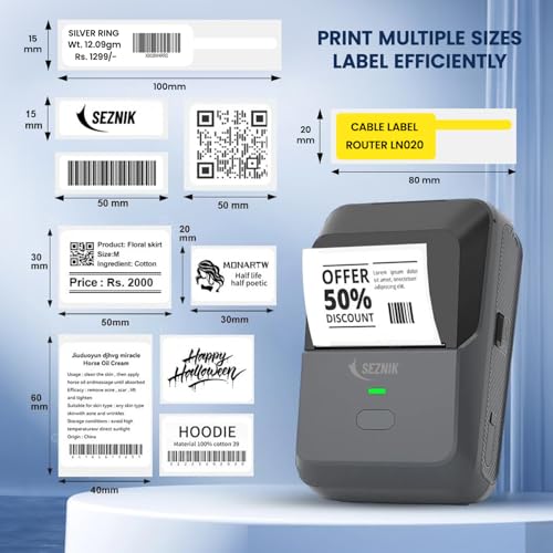 SEZNIK Josh Bluetooth Thermal Label Printer | Inkless Mini Rechargeable | MRP, Barcode, Excel File Printing | Cloud, Mobile, Desktop | Jewellery, Round Labels | Up to 2-inch Print | 1 Year Warranty - Image 4