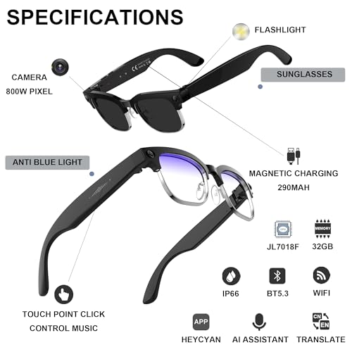 Aeoss Smart AI Glasses with 800W Camera & GPT-4o – Real-Time Translation & Object Recognition, Bluetooth 5.3 Open-Ear Speakers, IP66 Waterproof, 32GB Storage Wearable | (Anti-Blue Light Lenses) - Image 2