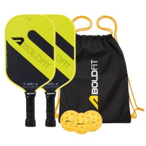 Boldfit Pickle Ball Racket Set 16 mm Fibreglass Surface Pickleball Paddle 1 Pair & 3 Balls Racket with Hexacore Structure 2 pcs Racquet & 3 pcs Pickle Ball with Drawstring Bag Kit Pickleball Set