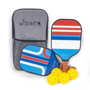 WISHKEY Pickle Ball Racket Paddle 2 Premium Carbon Fiber Pickleball Rackets - Blue with Honeycomb Composite Core, 4 Pickleballs, 2 Comfort Cushion Grip & Portable Bag for Beginners & Adults