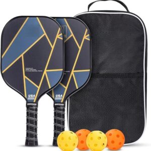 Vinsguir Pickleball Paddle - 2 Premium Graphite Rackets Honeycomb Composite Core with Cushion Comfort Grip & 4 Balls & Portable Racquet Bag (Carbon Fibre Gold)