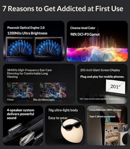Aeoss RayNeo Air 4 Pro AR Glasses - 1200 Nits Ultra Brightness, 201" Giant Screen Display, HDR10 Support, Plug-and-Play, AI Real-Time SDR to HDR, Cinematic Sound by Bang & Olufsen - Image 9