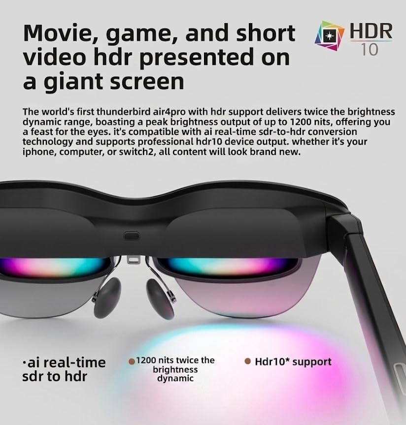 Aeoss RayNeo Air 4 Pro AR Glasses - 1200 Nits Ultra Brightness, 201" Giant Screen Display, HDR10 Support, Plug-and-Play, AI Real-Time SDR to HDR, Cinematic Sound by Bang & Olufsen - Image 2